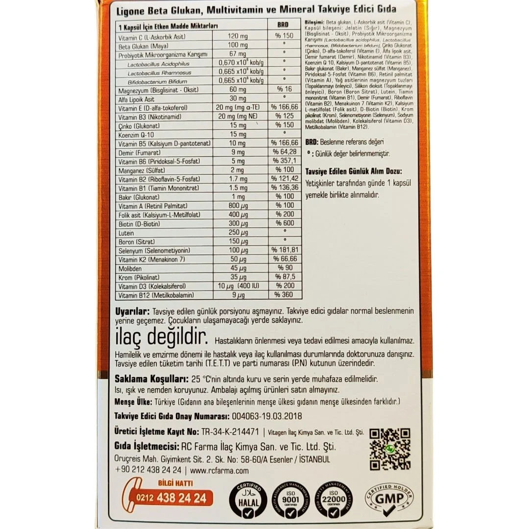 Ligone Multivitamin & Multimineral 60 Kapsül – Beta Glucan, Probiotic, CoQ10